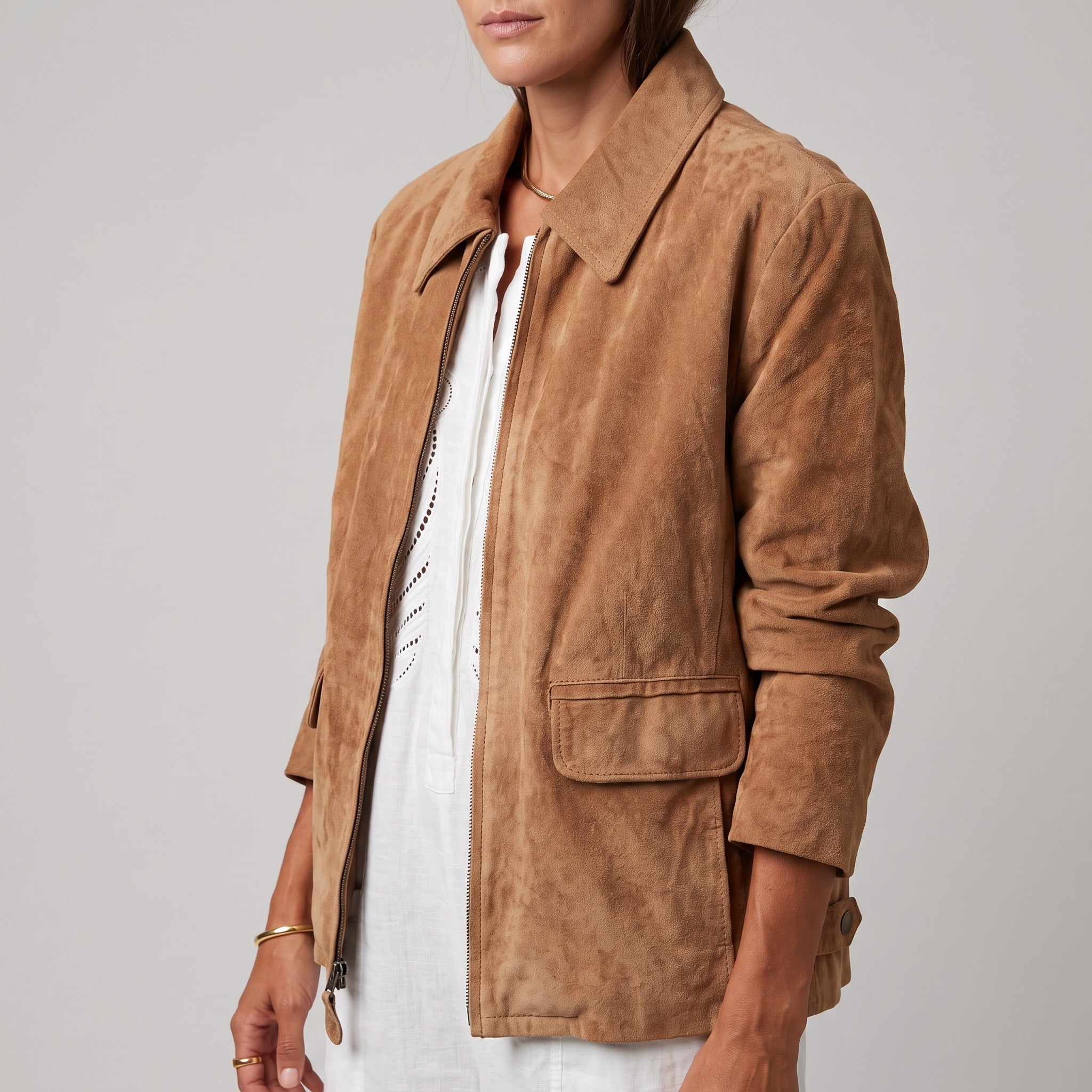 Camel Suede Zip-Front Jacket - Women's Minimal Point-Collar Jacket