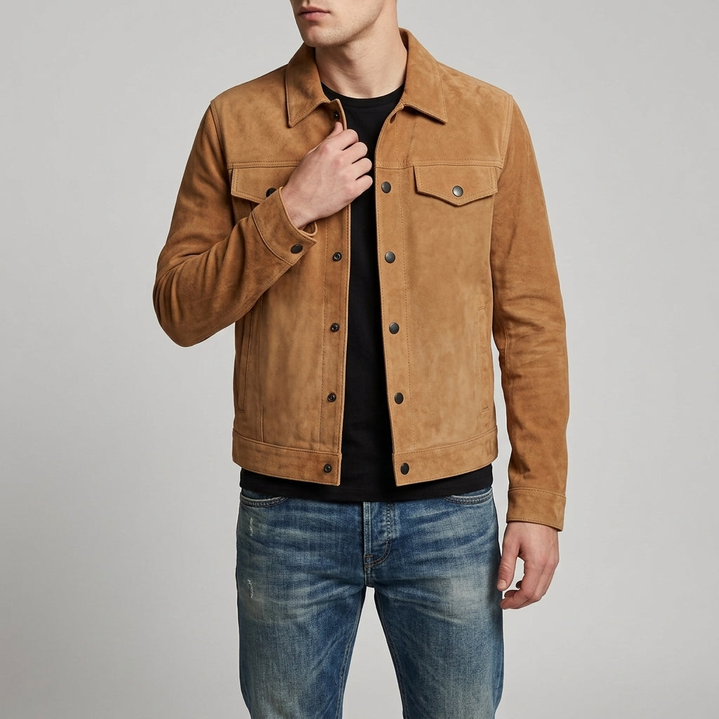 Men's Suede Trucker Jacket - Genuine Suede Jacket in Dark Brown & Tan