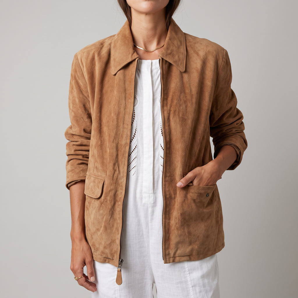 Camel Suede Zip-Front Jacket - Women's Minimal Point-Collar Jacket