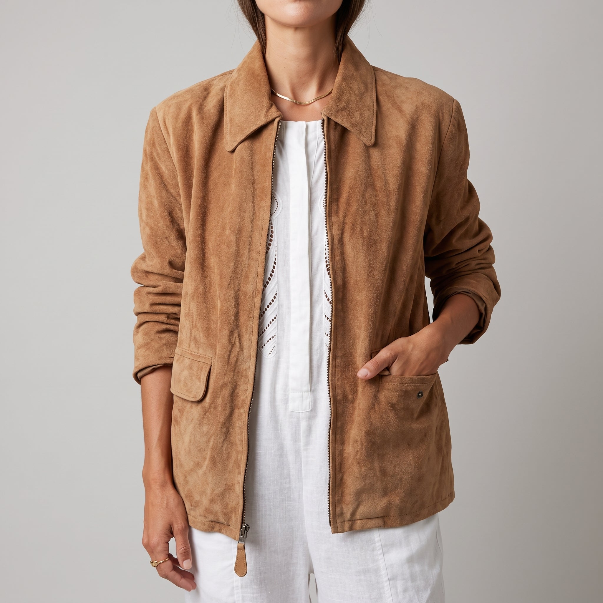 Camel Suede Zip-Front Jacket - Women's Minimal Point-Collar Jacket