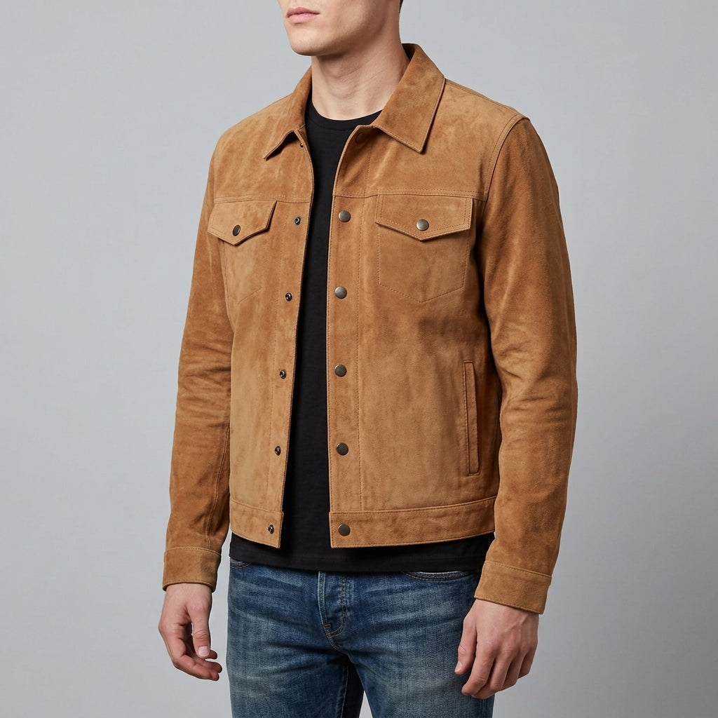 Men's Suede Trucker Jacket - Genuine Suede Jacket in Dark Brown & Tan