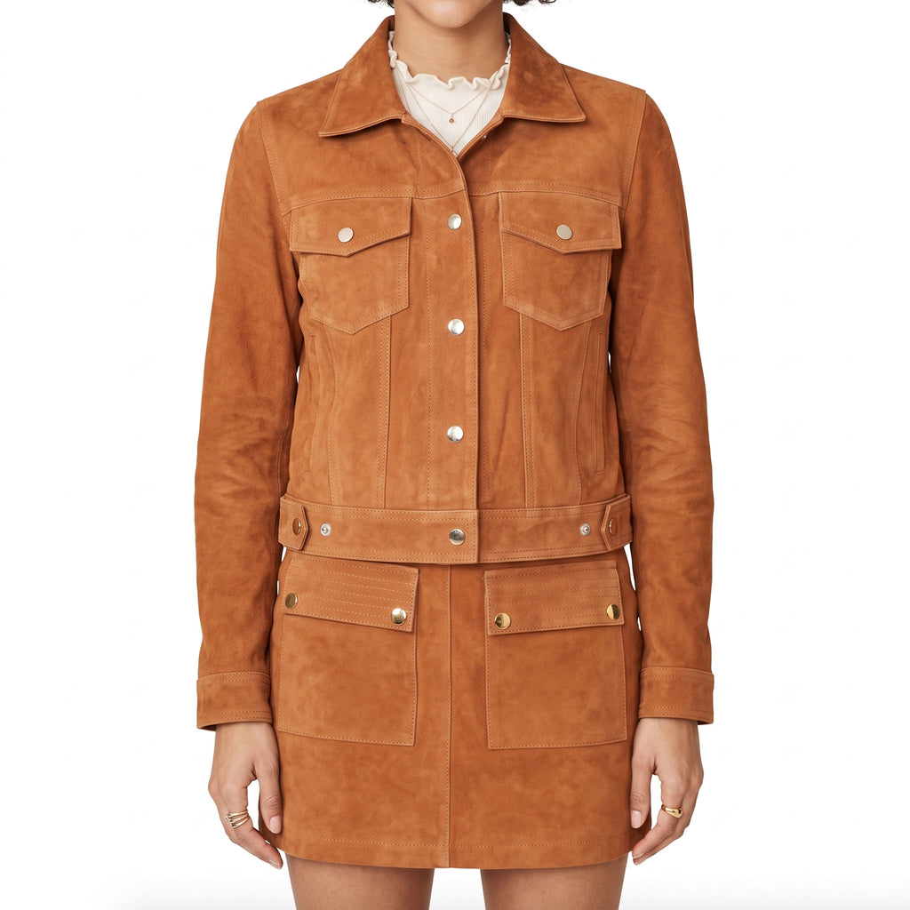 Camel Suede Trucker Jacket - Women's Gold-Button Cropped Leather Jacket