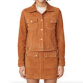Camel Suede Trucker Jacket - Women's Gold-Button Cropped Leather Jacket