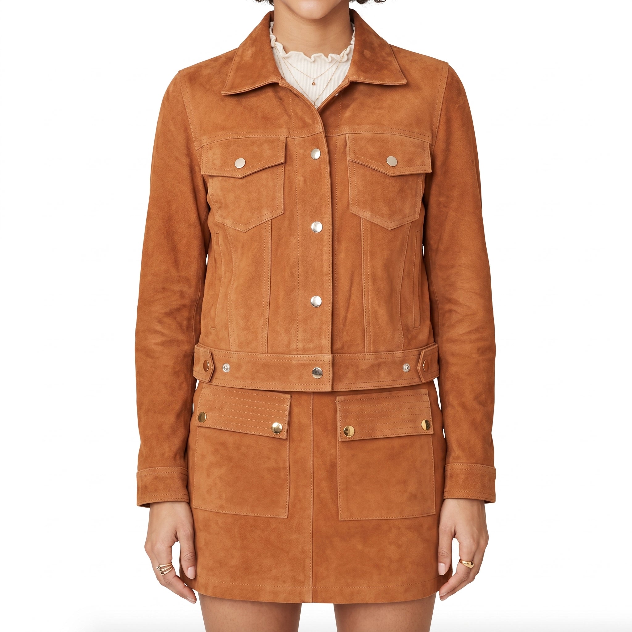 Camel Suede Trucker Jacket - Women's Gold-Button Cropped Leather Jacket