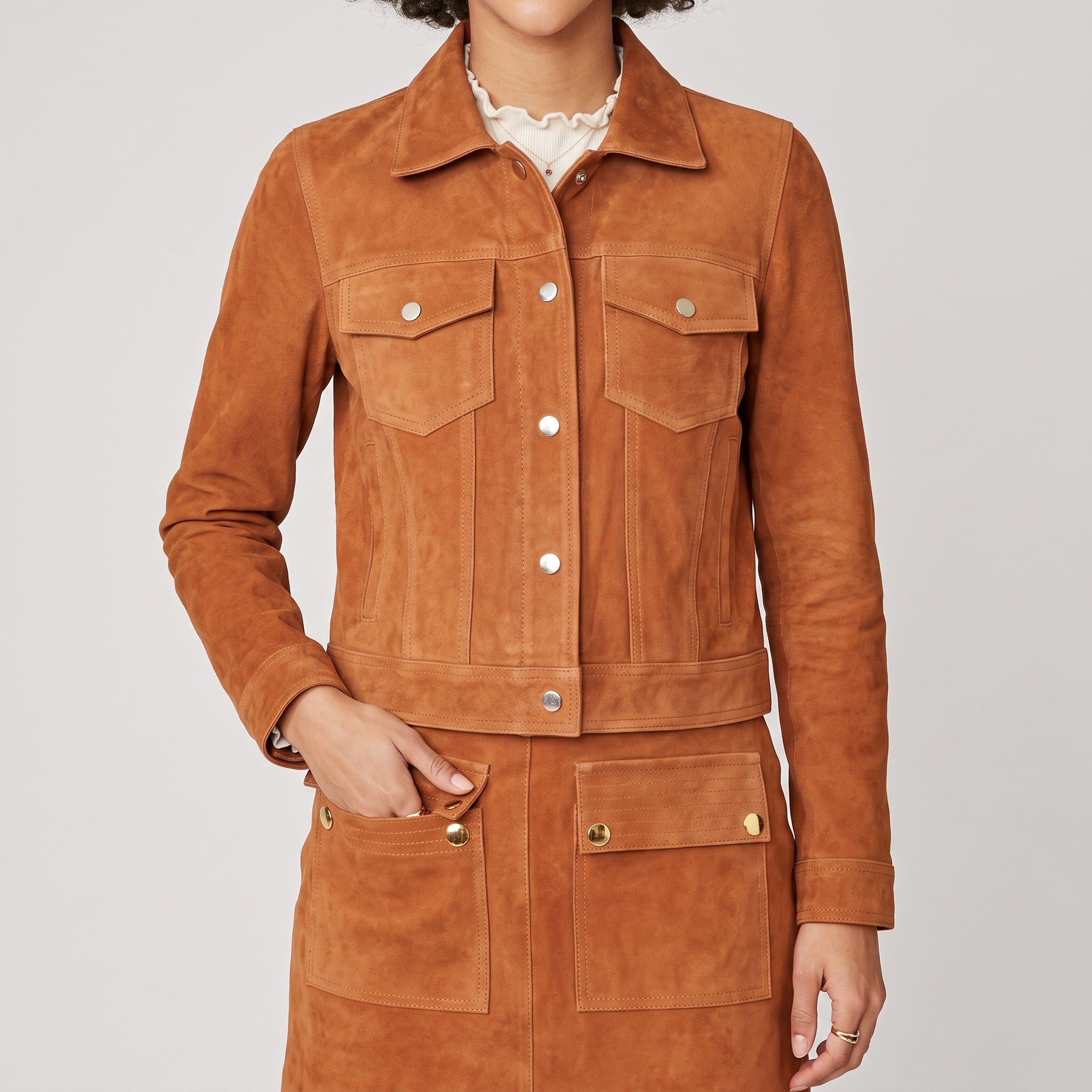 Camel Suede Trucker Jacket - Women's Gold-Button Cropped Leather Jacket