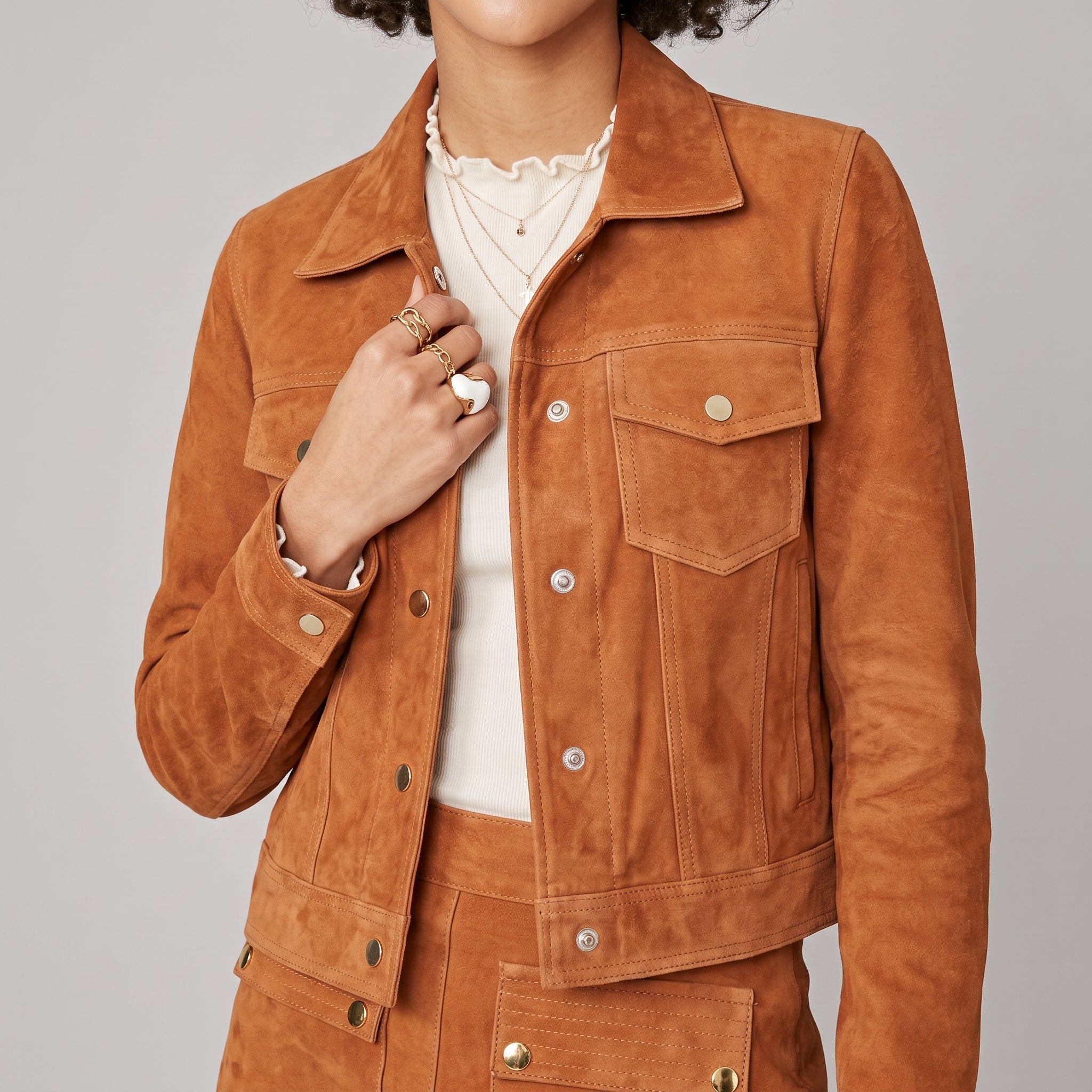 Camel Suede Trucker Jacket - Women's Gold-Button Cropped Leather Jacket