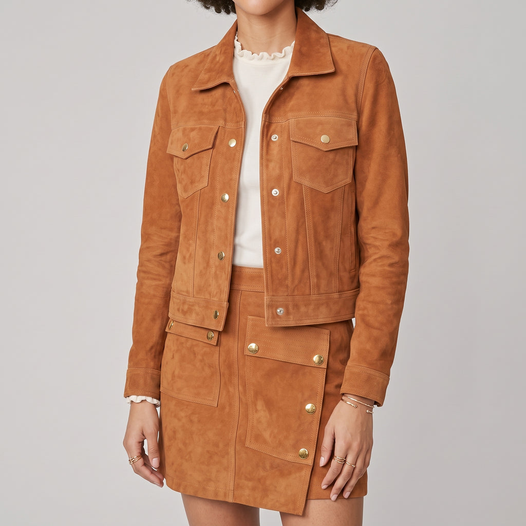 Camel Suede Trucker Jacket - Women's Gold-Button Cropped Leather Jacket