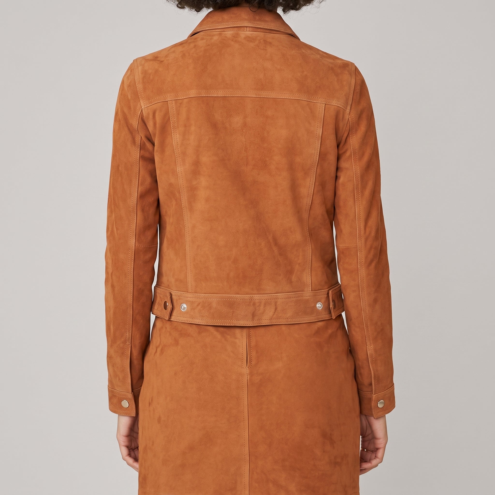 Camel Suede Trucker Jacket - Women's Gold-Button Cropped Leather Jacket