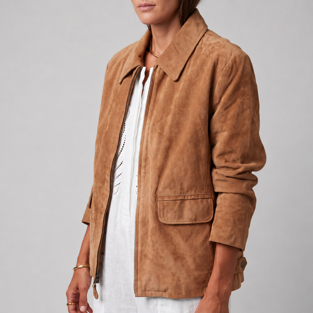 Camel Suede Zip-Front Jacket - Women's Minimal Point-Collar Jacket