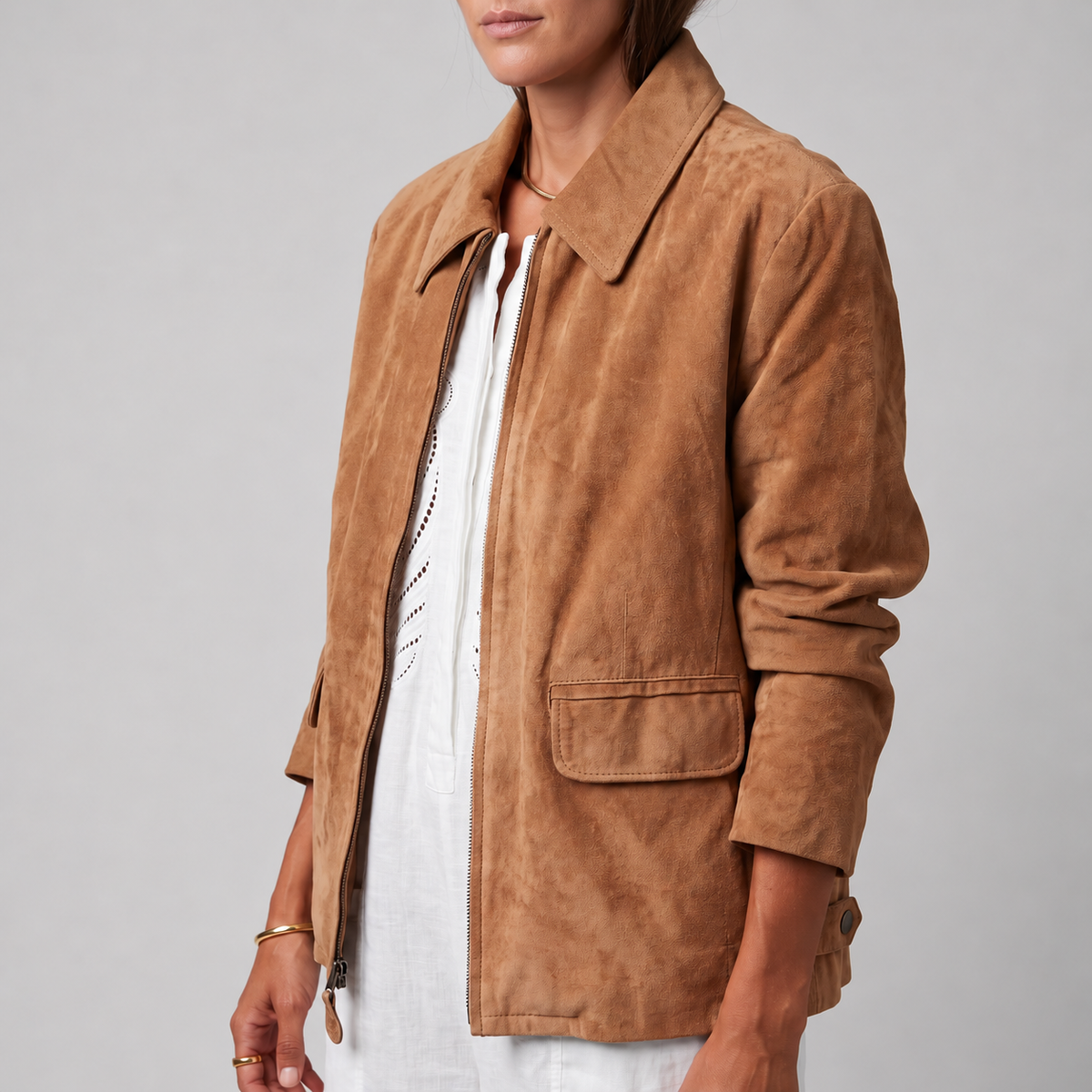 Camel Suede Zip-Front Jacket - Women's Minimal Point-Collar Jacket