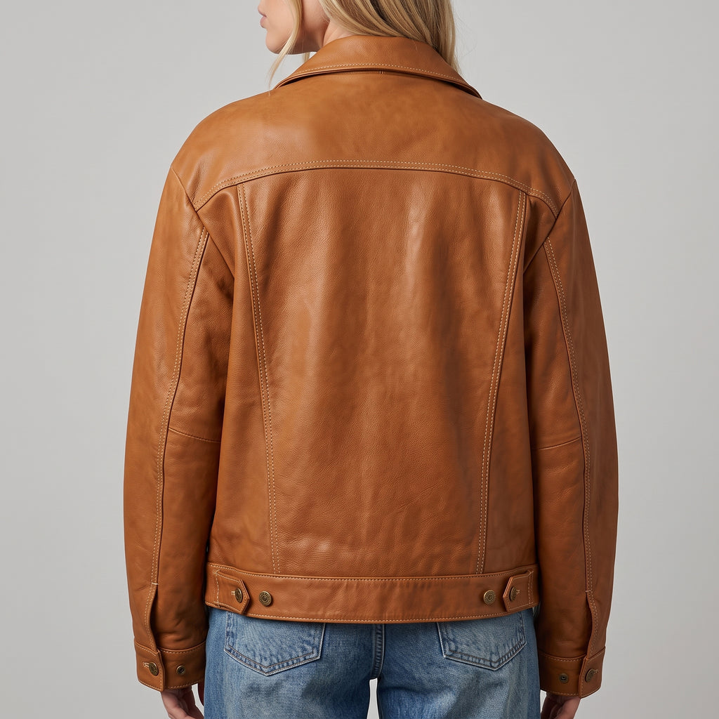 Tan Leather Oversized Trucker Jacket - Women's Contrast-Stitch Jacket