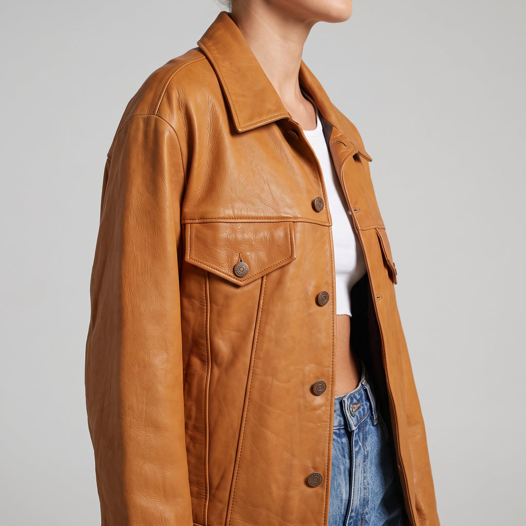 Tan Leather Oversized Trucker Jacket - Women's Contrast-Stitch Jacket