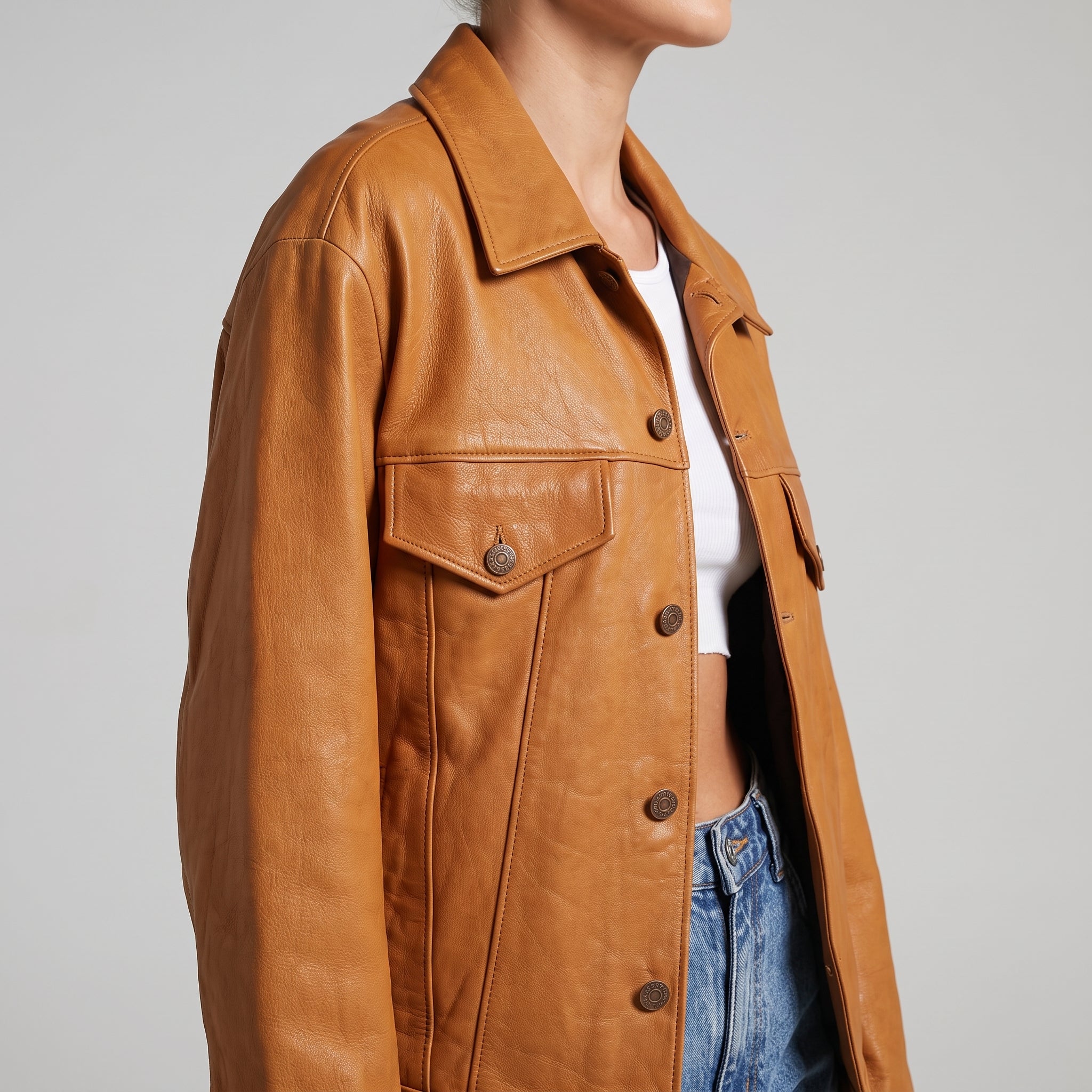 Tan Leather Oversized Trucker Jacket - Women's Contrast-Stitch Jacket