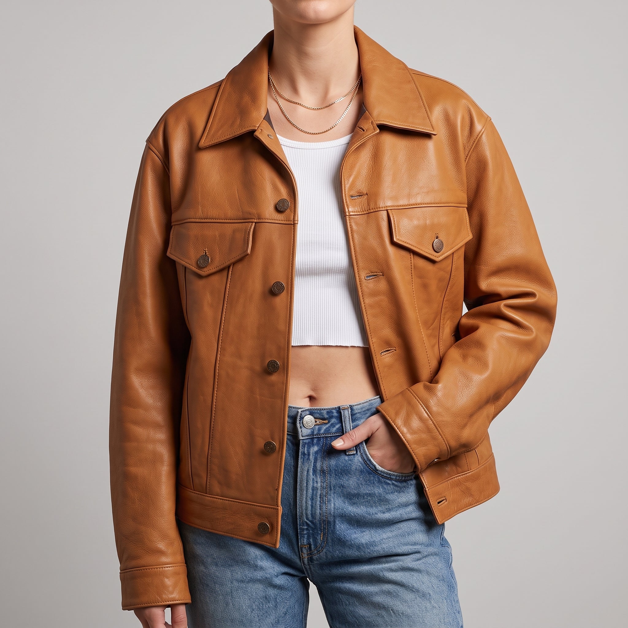 Tan Leather Oversized Trucker Jacket - Women's Contrast-Stitch Jacket