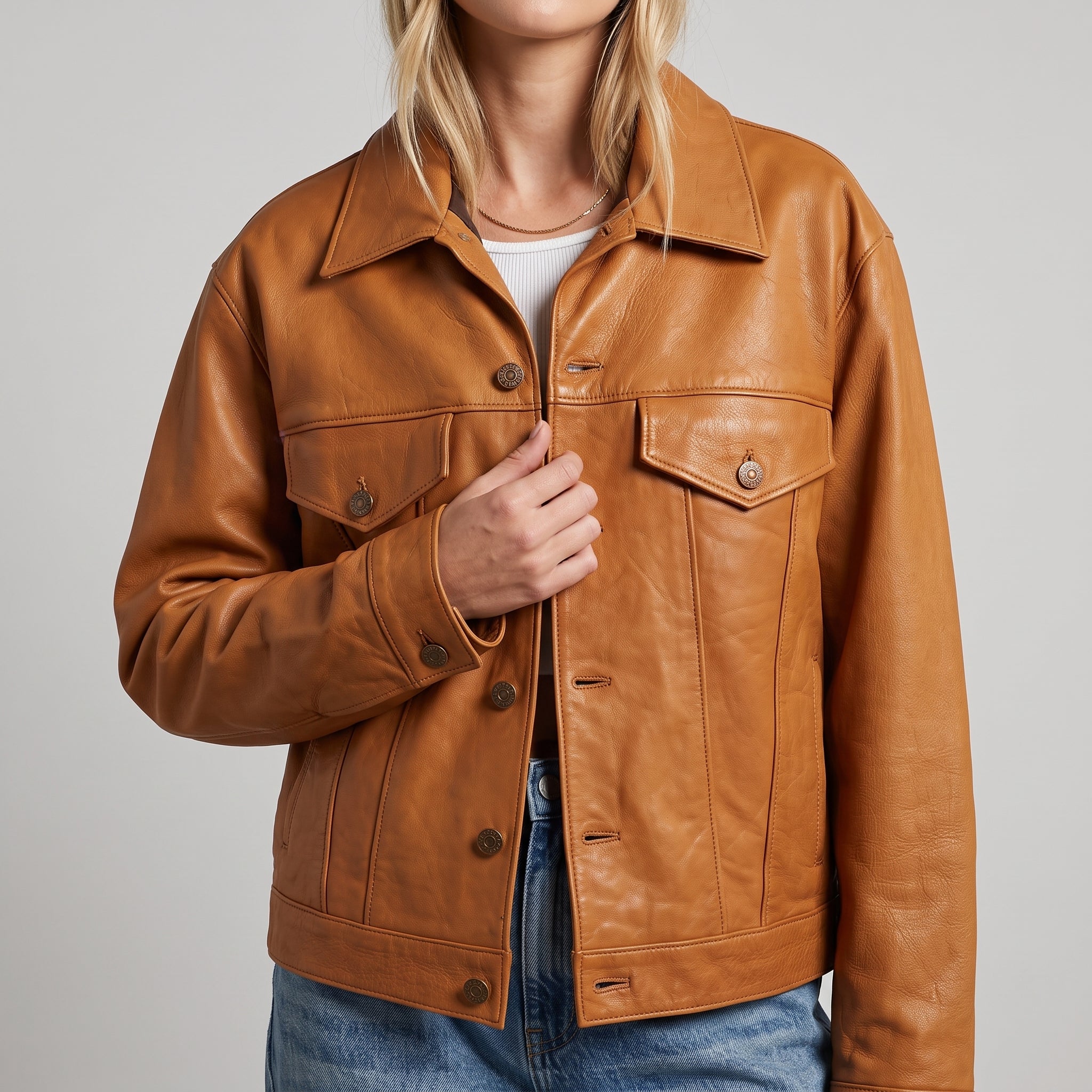 Tan Leather Oversized Trucker Jacket - Women's Contrast-Stitch Jacket