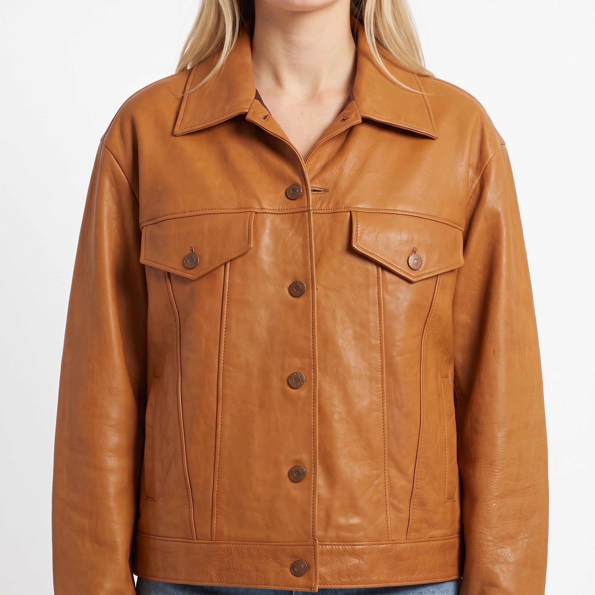 Tan Leather Oversized Trucker Jacket - Women's Contrast-Stitch Jacket