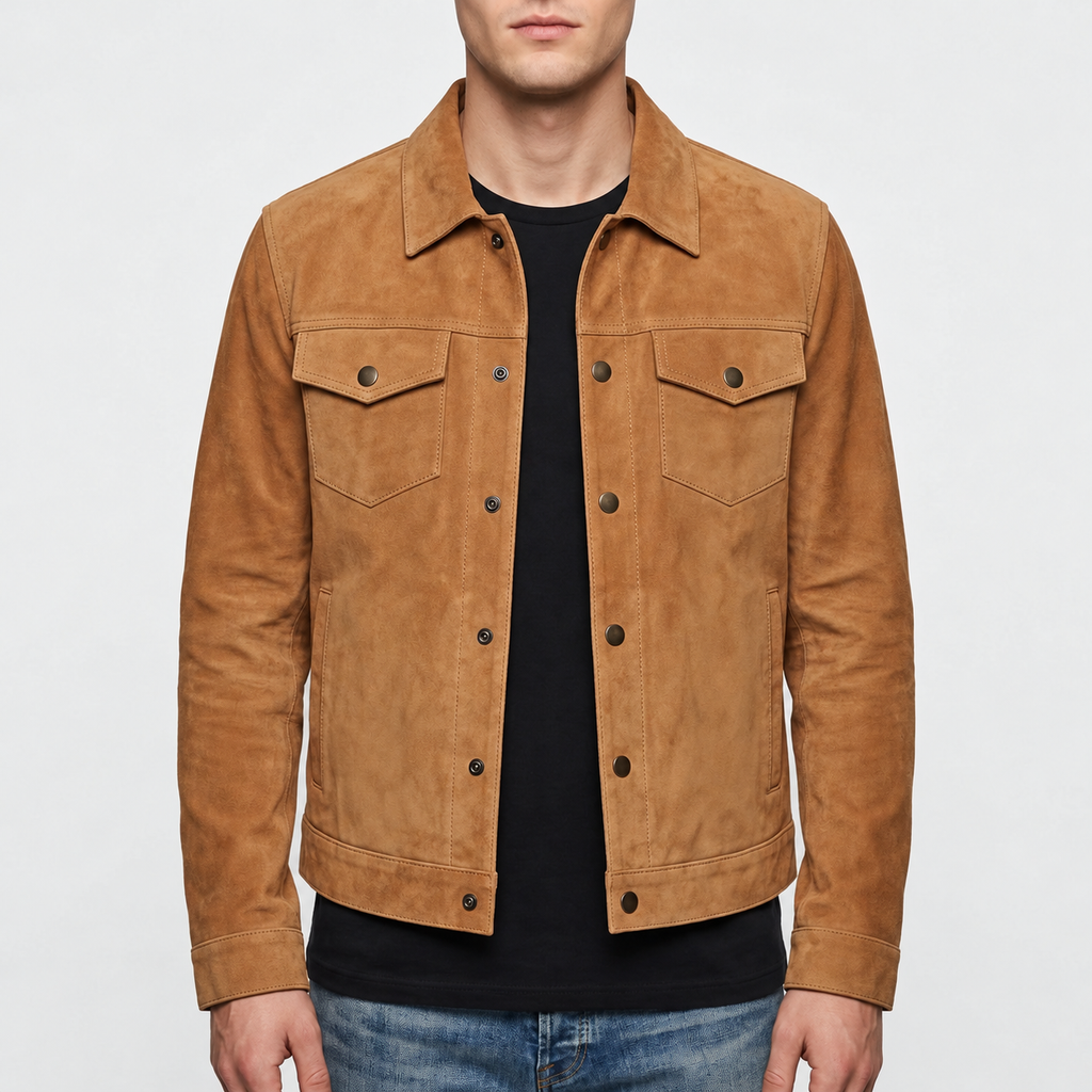 Men's Suede Trucker Jacket - Genuine Suede Jacket in Dark Brown & Tan