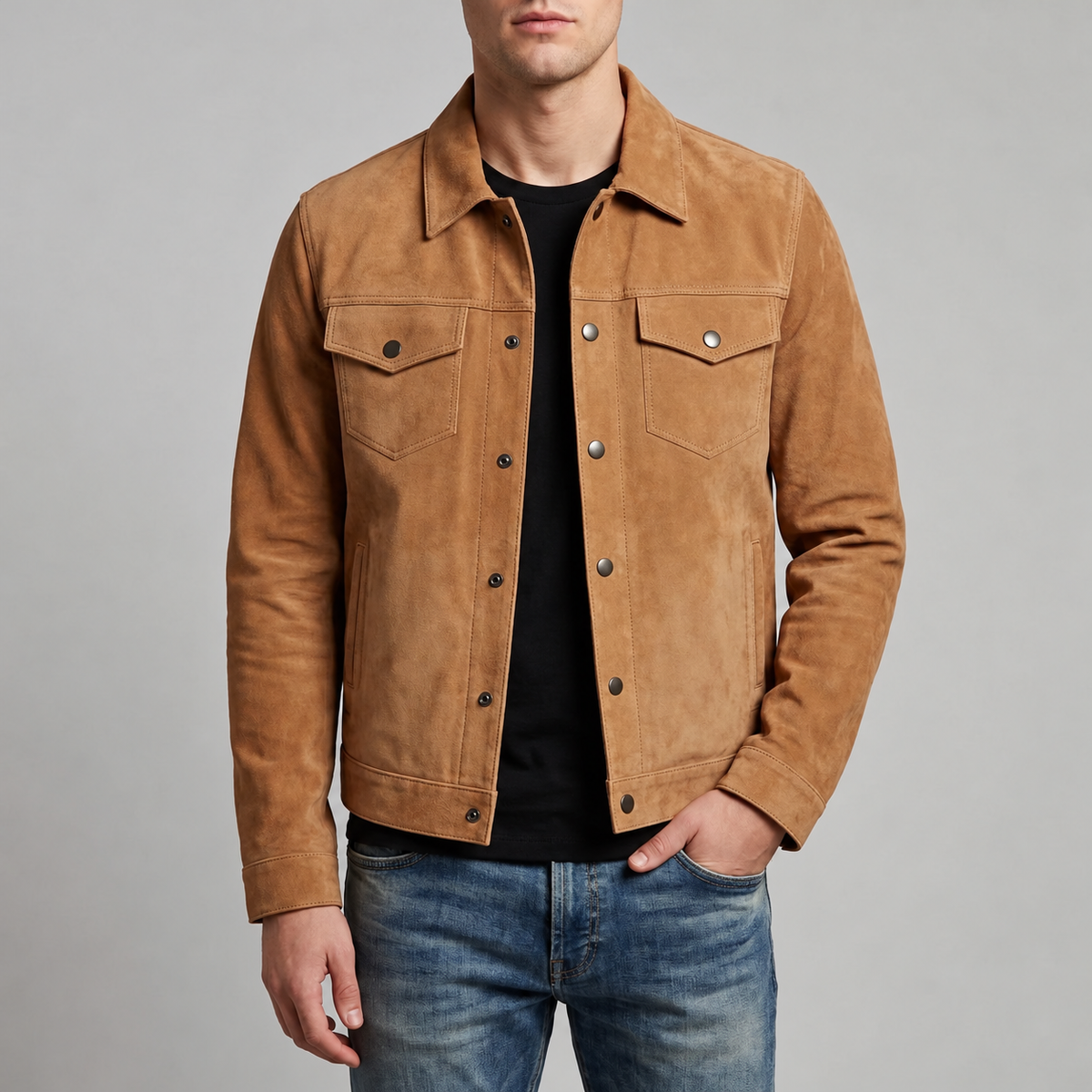 Men's Suede Trucker Jacket - Genuine Suede Jacket in Dark Brown & Tan