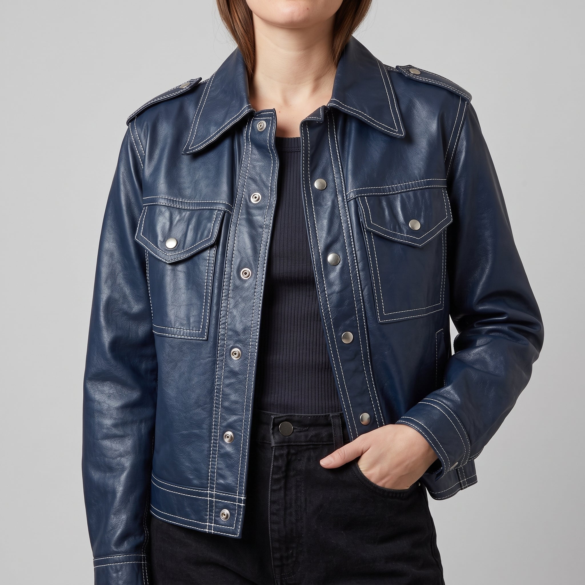 Navy Leather Contrast-Stitch Trucker Jacket - Women's Snap-Front Jacket