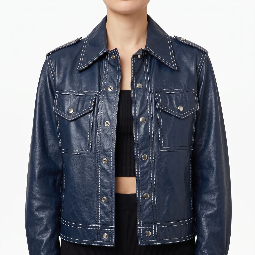 Navy Leather Contrast-Stitch Trucker Jacket - Women's Snap-Front Jacket