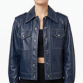 Navy Leather Contrast-Stitch Trucker Jacket - Women's Snap-Front Jacket