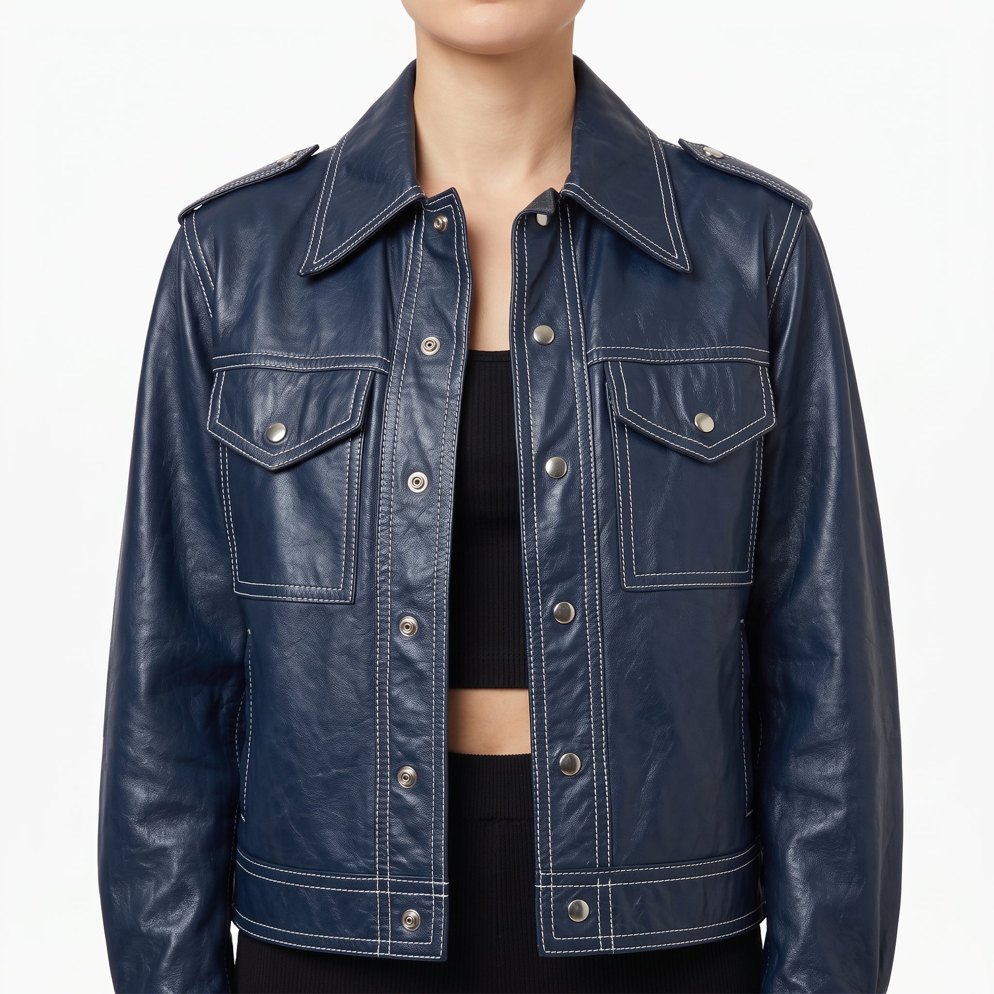Navy Leather Contrast-Stitch Trucker Jacket - Women's Snap-Front Jacket