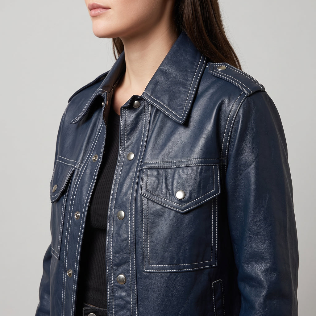 Navy Leather Contrast-Stitch Trucker Jacket - Women's Snap-Front Jacket