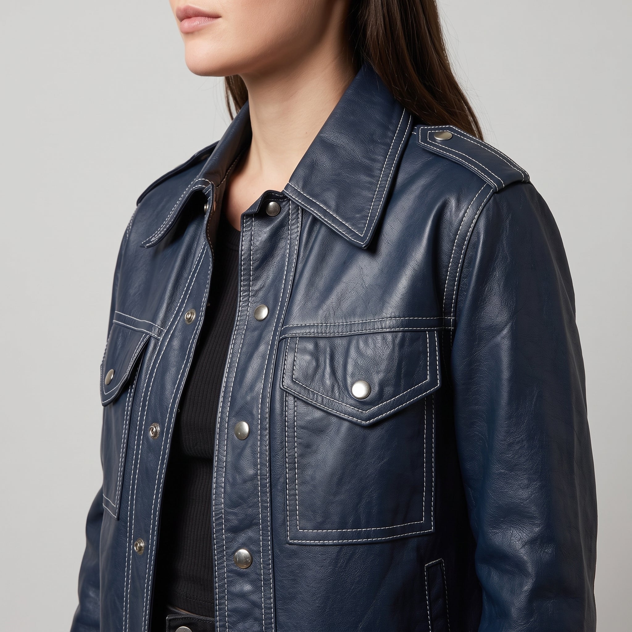 Navy Leather Contrast-Stitch Trucker Jacket - Women's Snap-Front Jacket
