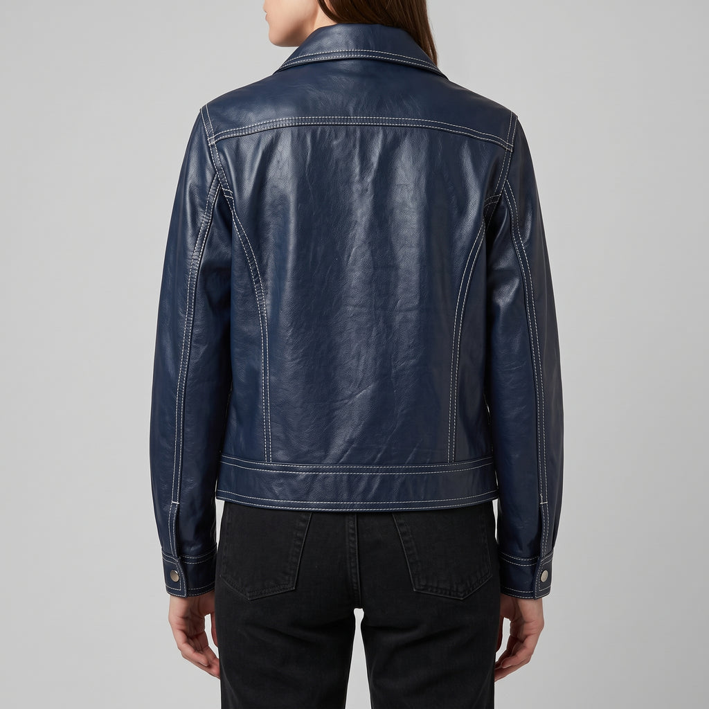 Navy Leather Contrast-Stitch Trucker Jacket - Women's Snap-Front Jacket