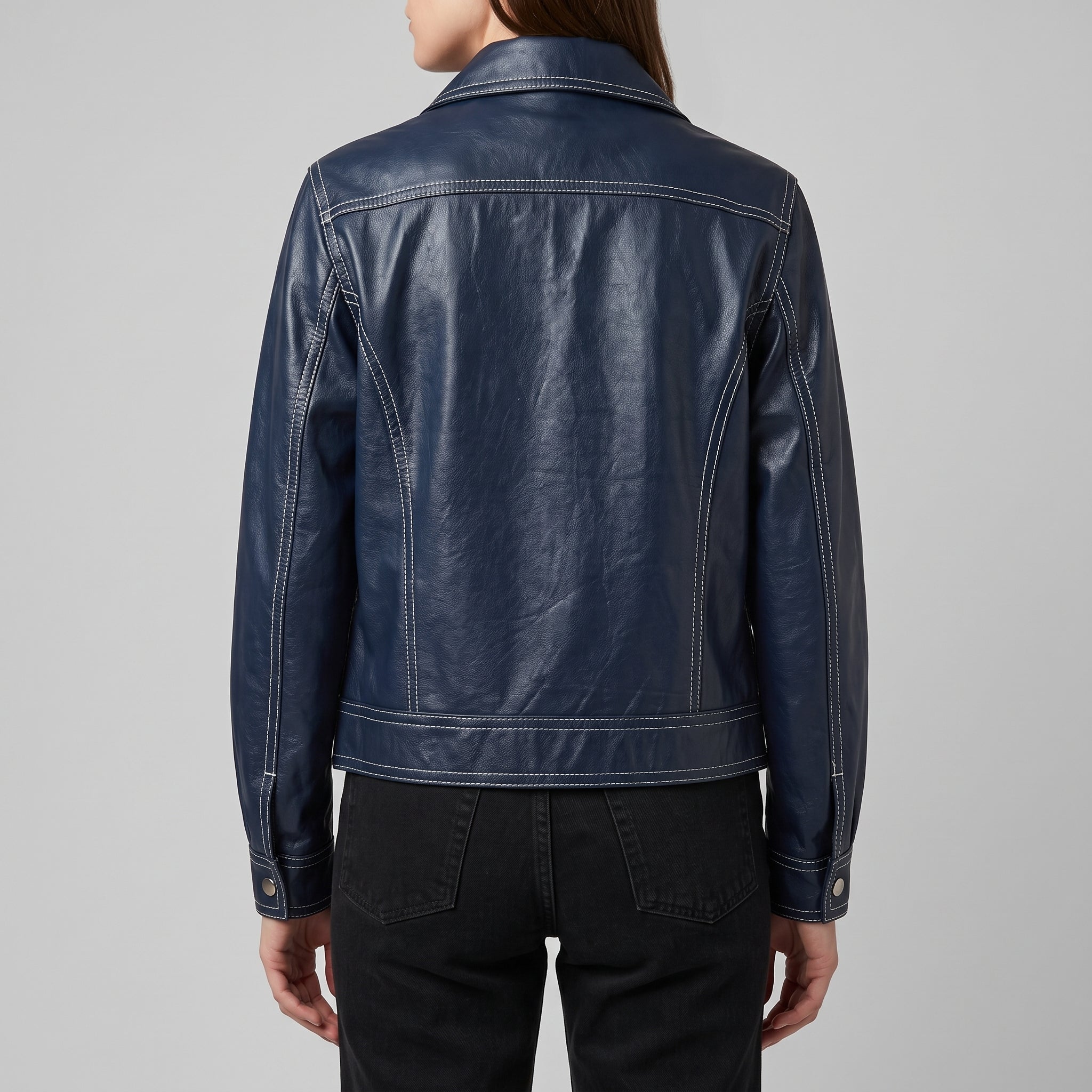 Navy Leather Contrast-Stitch Trucker Jacket - Women's Snap-Front Jacket