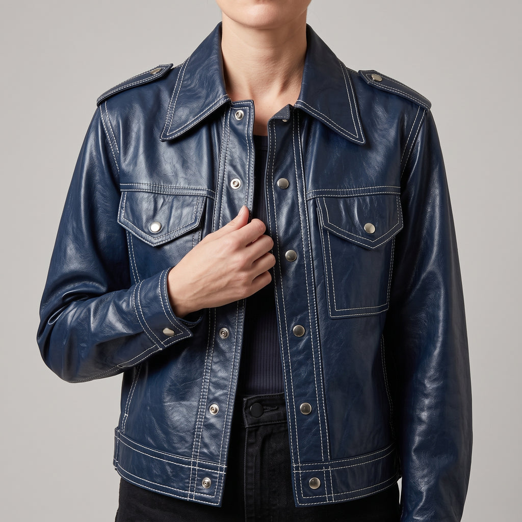 Navy Leather Contrast-Stitch Trucker Jacket - Women's Snap-Front Jacket