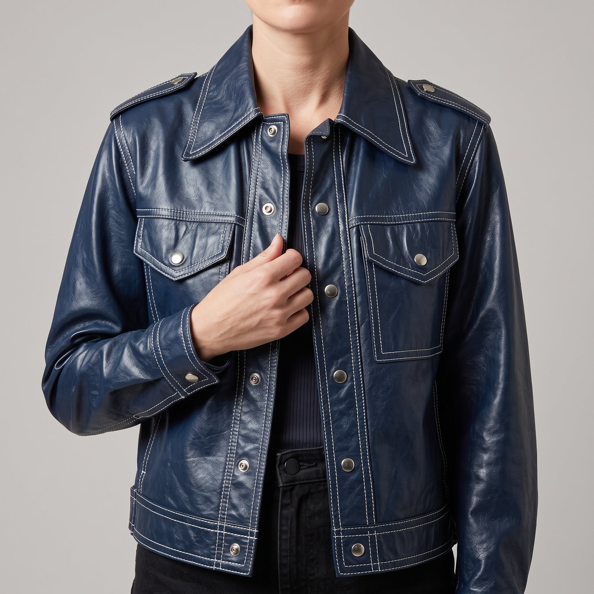 Navy Leather Contrast-Stitch Trucker Jacket - Women's Snap-Front Jacket