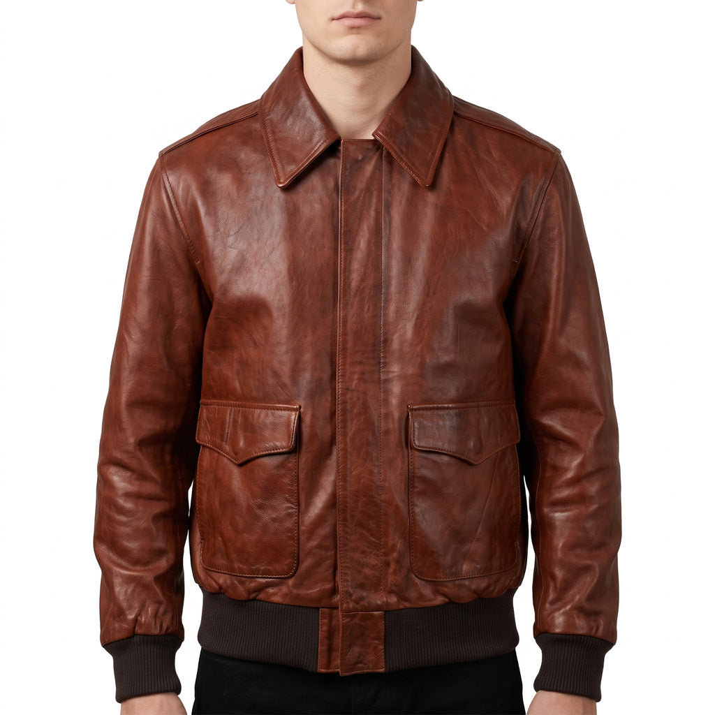 Cognac Leather A-2 Bomber Jacket - Men's Point-Collar Flight Jacket