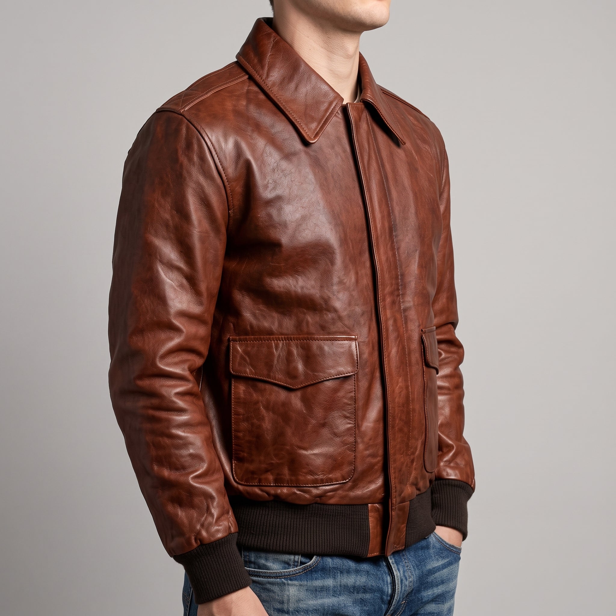 Cognac Leather A-2 Bomber Jacket - Men's Point-Collar Flight Jacket