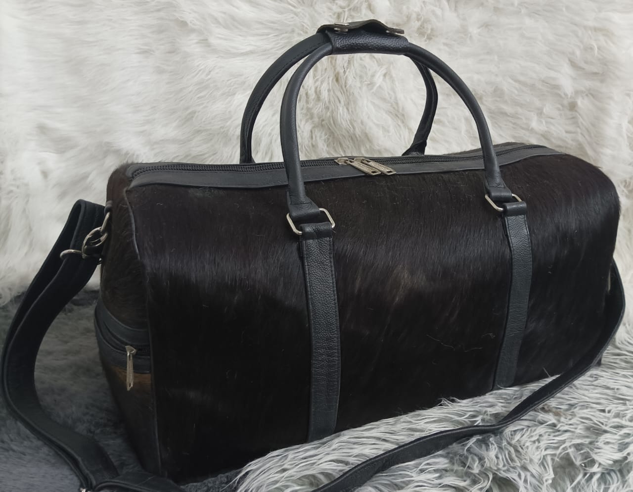Premium Black Cowhide Leather Travel Duffel Bag