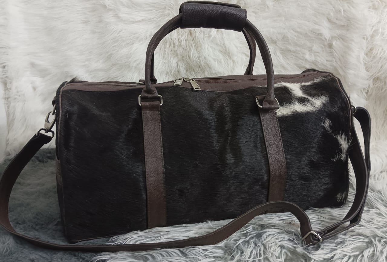 Premium Black Cowhide Leather Travel Duffel Bag