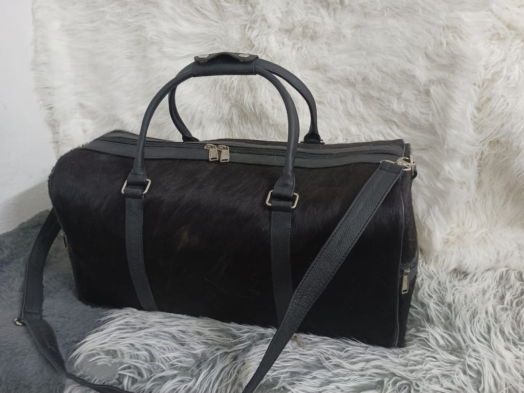 Premium Black Cowhide Leather Travel Duffel Bag