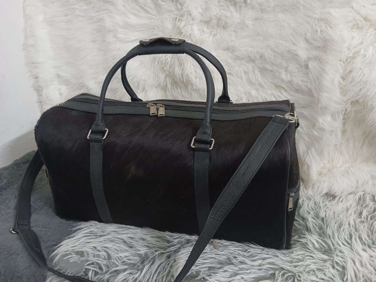Premium Black Cowhide Leather Travel Duffel Bag