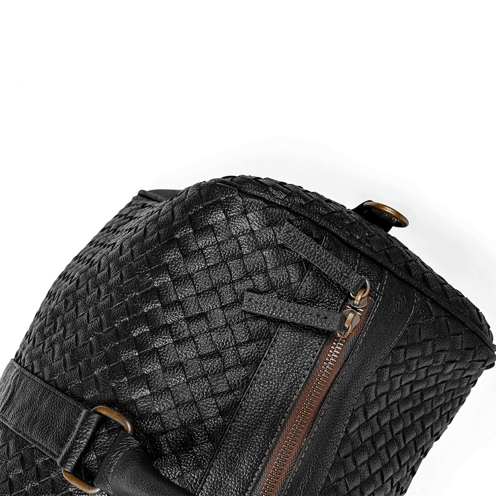 Black Woven Leather Duffel Bag - Hand-Woven Weekender Travel Bag