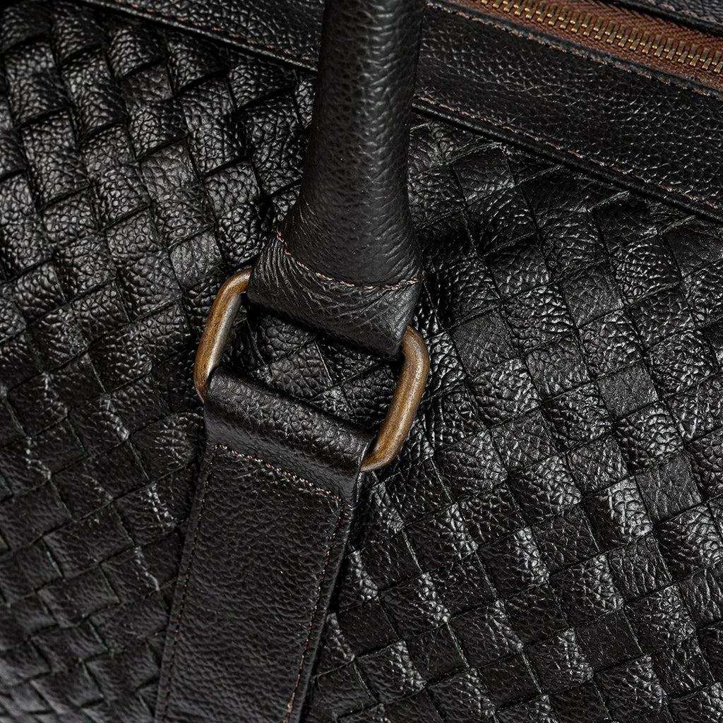 Black Woven Leather Duffel Bag - Hand-Woven Weekender Travel Bag