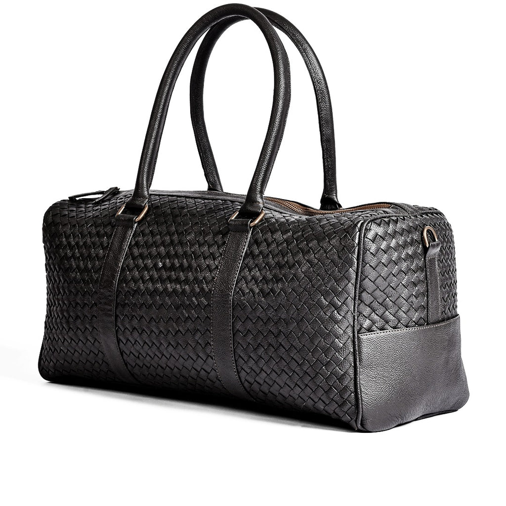 Black Woven Leather Duffel Bag - Hand-Woven Weekender Travel Bag