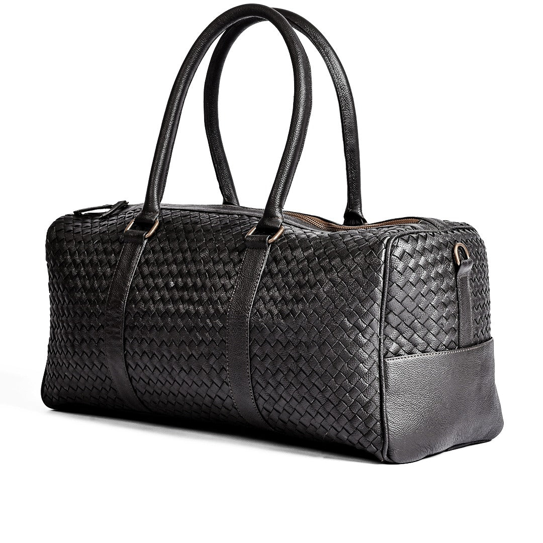 Black Woven Leather Duffel Bag - Hand-Woven Weekender Travel Bag