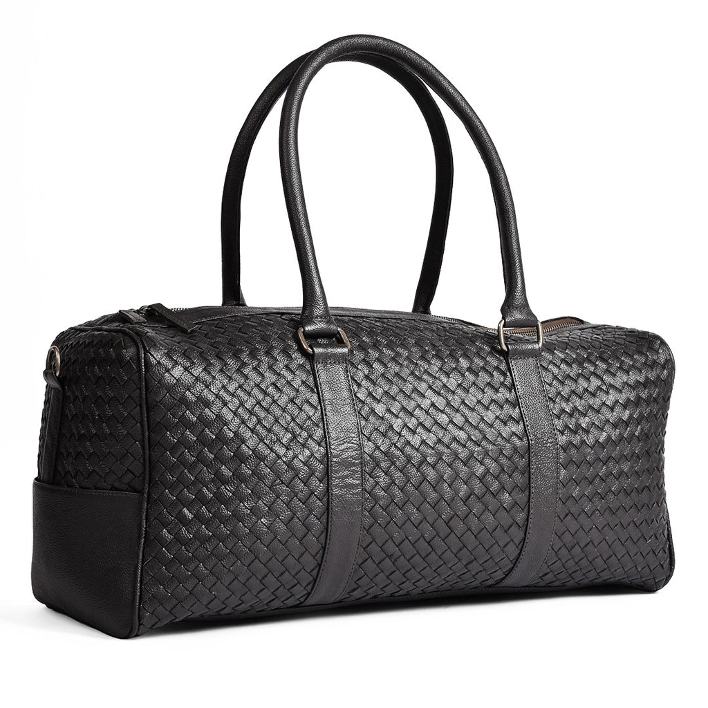 Black Woven Leather Duffel Bag - Hand-Woven Weekender Travel Bag
