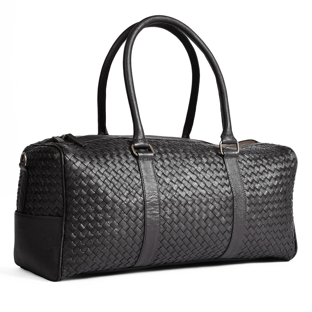 Black Woven Leather Duffel Bag - Hand-Woven Weekender Travel Bag