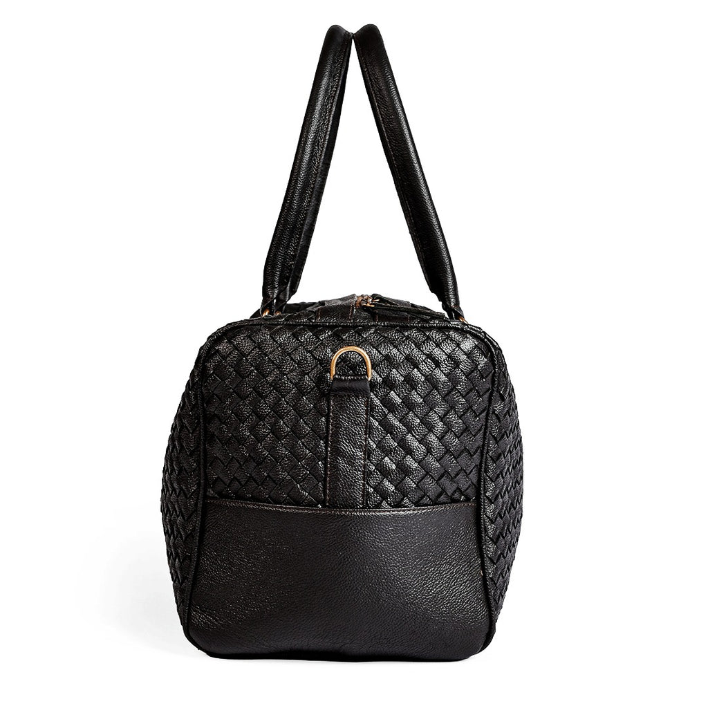 Black Woven Leather Duffel Bag - Hand-Woven Weekender Travel Bag