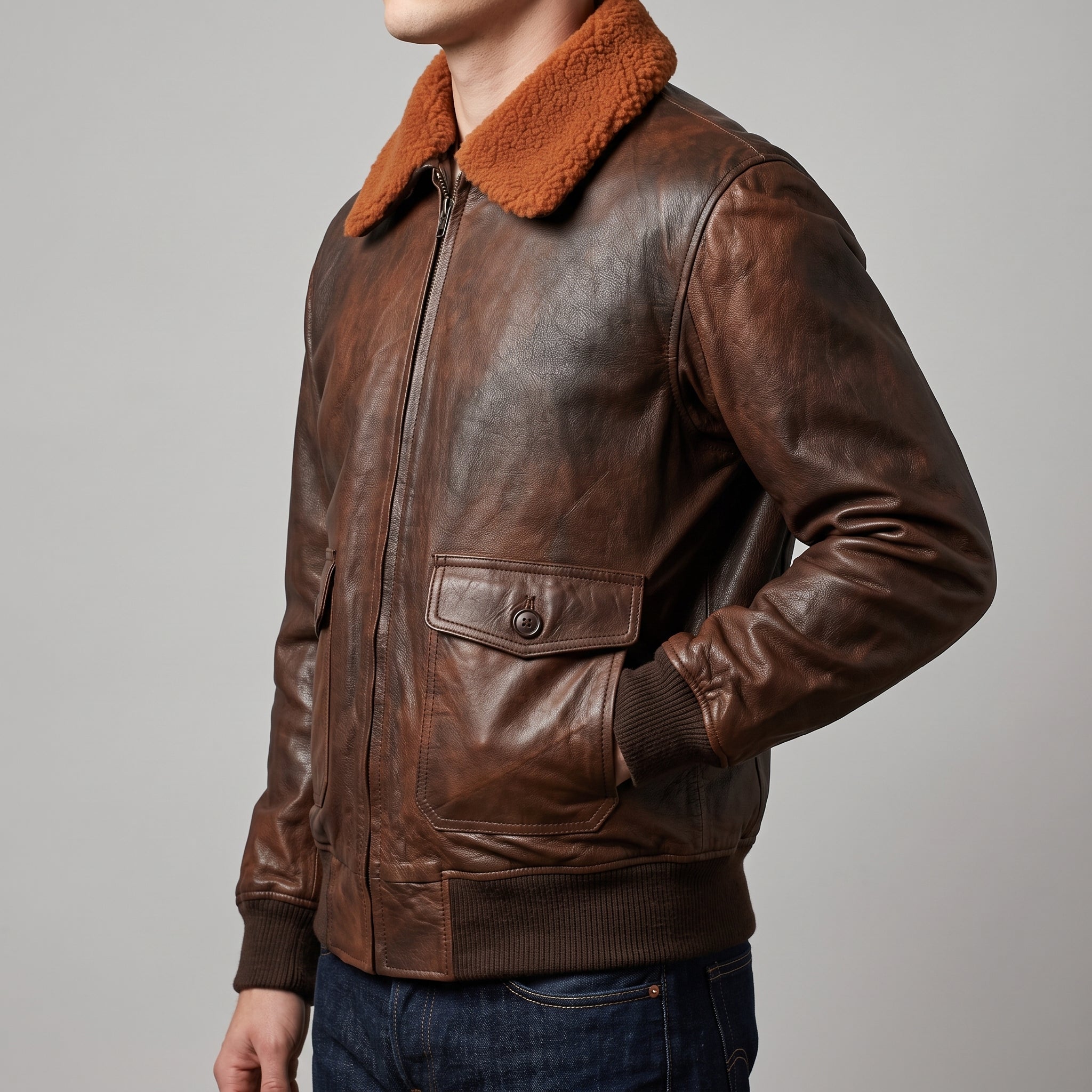 Brown Leather A-2 Bomber Jacket - Men's Sherpa-Collar Flight Jacket