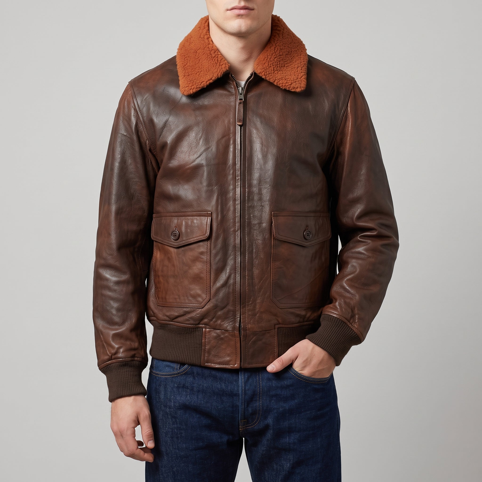 Brown Leather A-2 Bomber Jacket - Men's Sherpa-Collar Flight Jacket