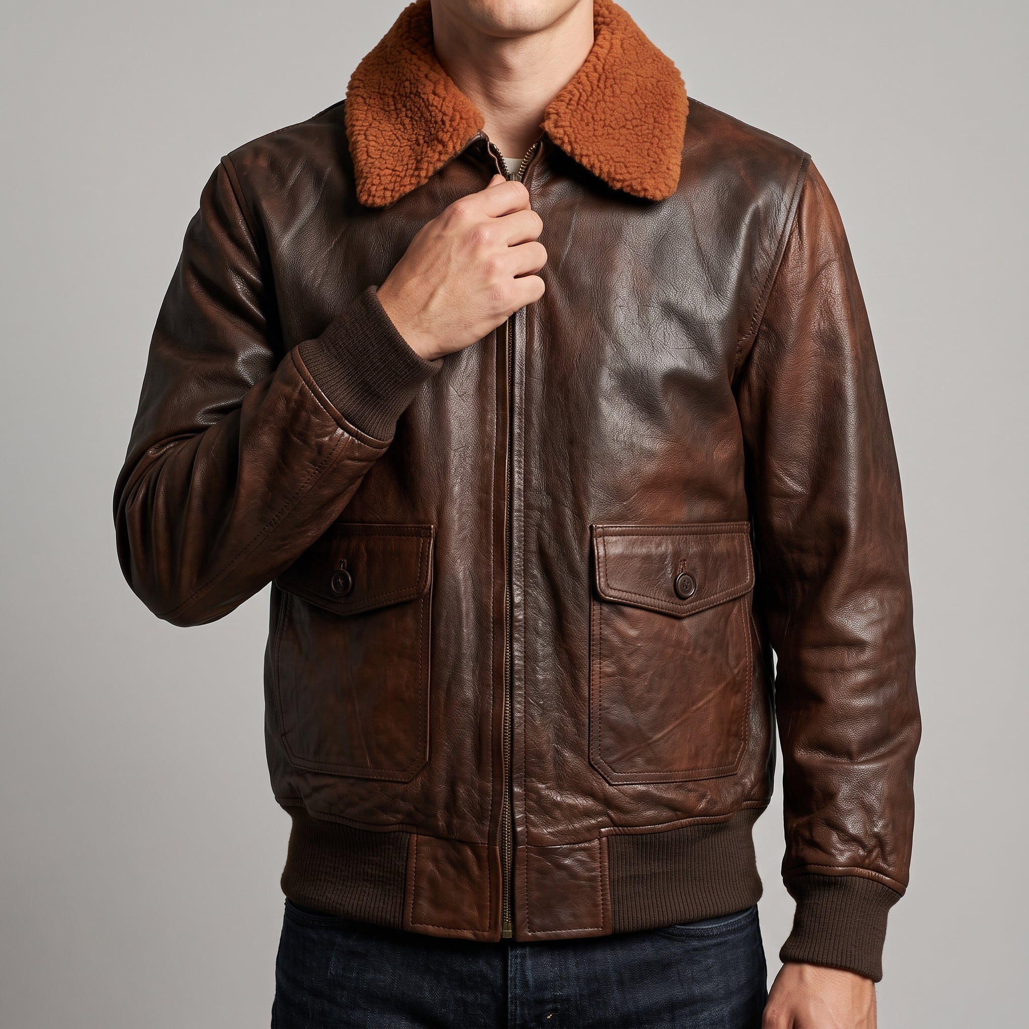 Brown Leather A-2 Bomber Jacket - Men's Sherpa-Collar Flight Jacket