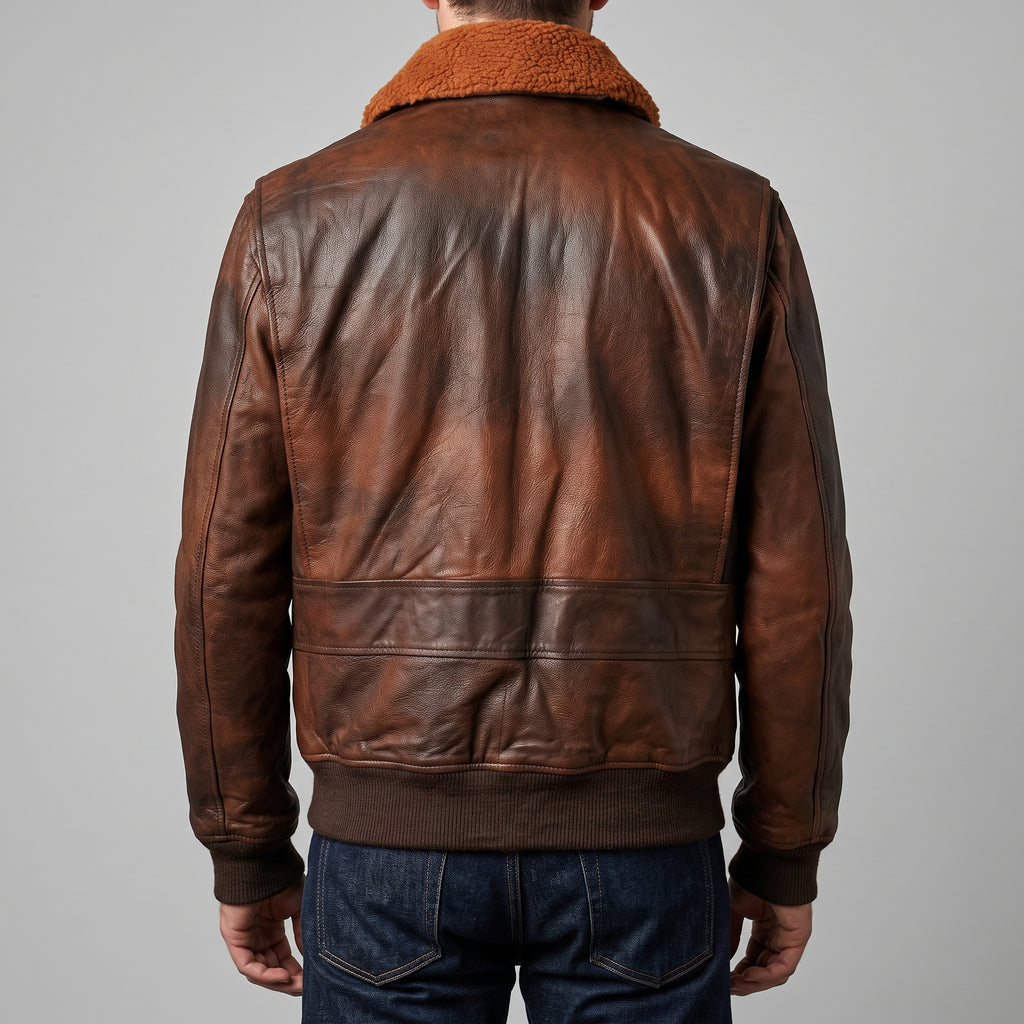 Brown Leather A-2 Bomber Jacket - Men's Sherpa-Collar Flight Jacket