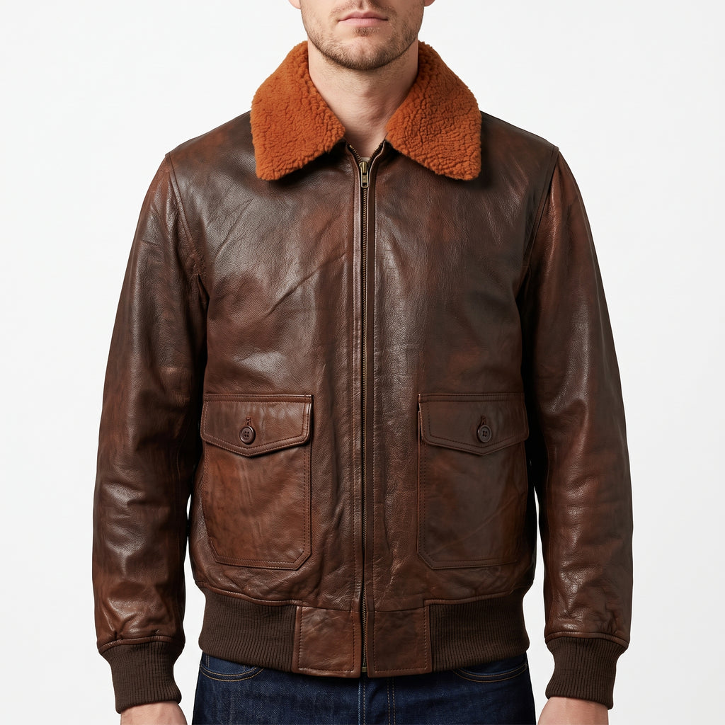 Brown Leather A-2 Bomber Jacket - Men's Sherpa-Collar Flight Jacket